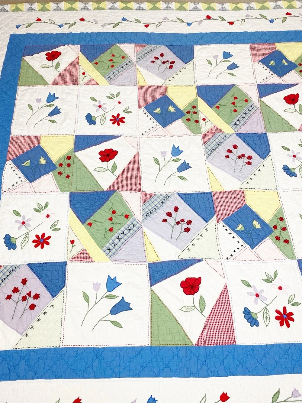 Vintage 1990’s Floral Cottagecore Cotton Patchwork Embroidered Quilt Queen Size